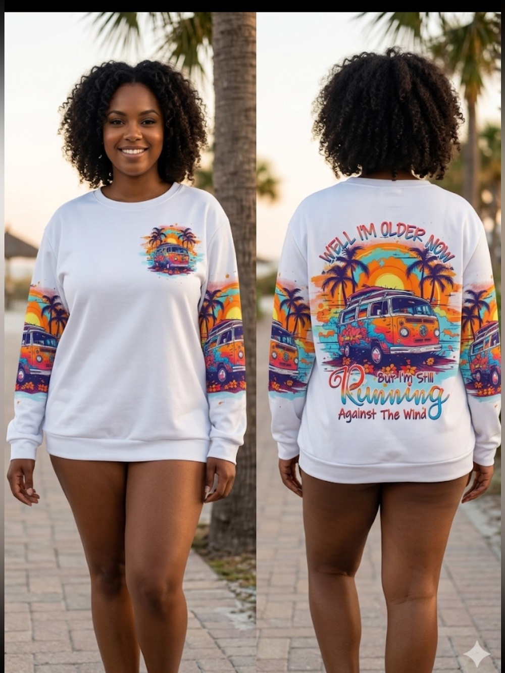 White Graphic Sweatshirt with Colorful Surf Van Print